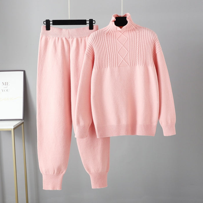 Color-Pink-Half Turtleneck Casual Loose Sweater for Women Autumn Winter Gentle Soft Glutinous Knitted Trousers Suit for Women-Fancey Boutique
