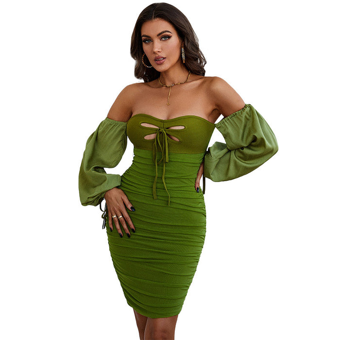 Color-Spring Women Clothing Bandage Dress Green Sexy Hollow Out Cutout Word Collar Puff Sleeve Dress-Fancey Boutique