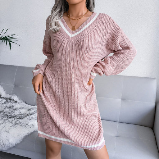 Color-Pink-Autumn Winter College V-neck Sweater Dress Knitted Dress Women Clothing-Fancey Boutique