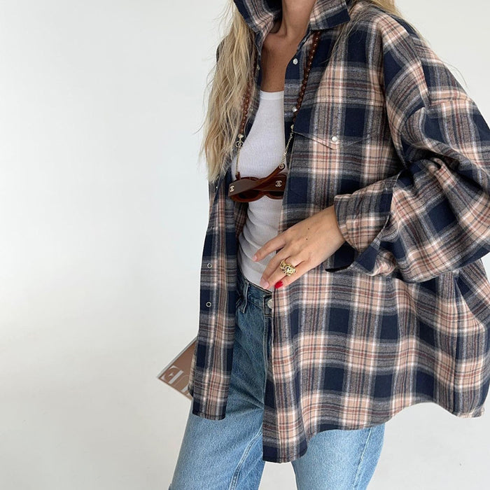 Autumn Winter Classic Retro Boyfriend Plaid Shacket Women All Match Loose Shirt-Fancey Boutique