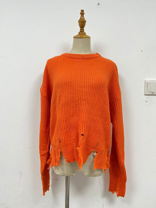 Round Neck Long Sleeve Loose Knitted Autumn Winter Sweater Holes Casual Sweater Personalized Woolen Top-Orange-Fancey Boutique