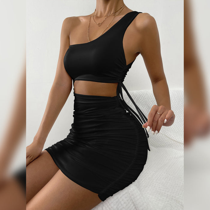 Color-Black-Spring Summer Drawstring Hollow Out Cutout Sleeveless Women Clothing Sexy Waist Hollow Out Cutout-out Double-Layer One-Shoulder Dress Hollow Out Cutout-Fancey Boutique