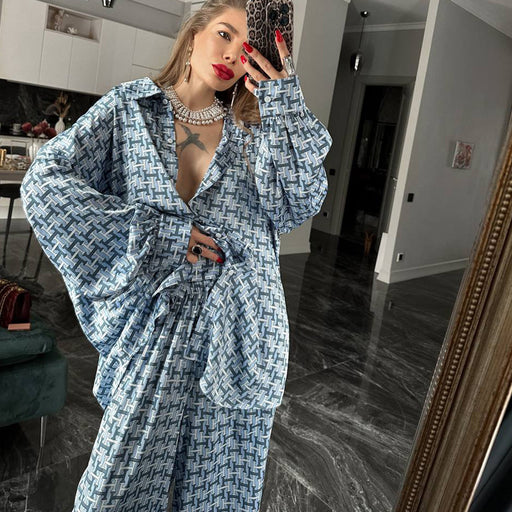 Spring Summer Women Clothing Spring Summer Wear A Set Of Long Sleeved Shirt Wide Leg Pants Letters Printing Suit-Fancey Boutique