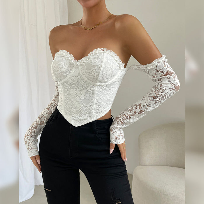 Color-White-Sexy Lace Steel Ring Boning Corset Diamond Long Sleeve Solid Color Tube Top-Fancey Boutique