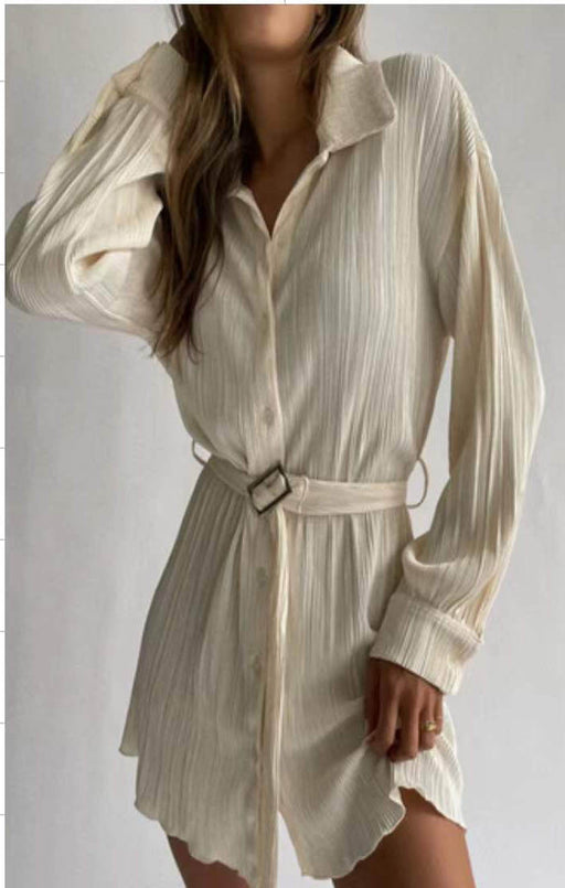 Color-Ivory-Spring Summer Popular Fashionable Pleated Long Sleeved Shirt Belt Dress-Fancey Boutique