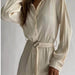 Color-Ivory-Spring Summer Popular Fashionable Pleated Long Sleeved Shirt Belt Dress-Fancey Boutique