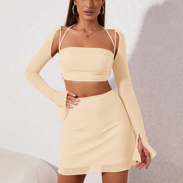 Color-Ivory-Outfit Skirt Arrival Sexy Mesh Halter Zipper Top Hip Skirt Set Two Piece Set-Fancey Boutique