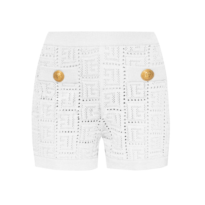 Color-White Shorts-Long Sleeve Short round Neck Hollow Out Cutout out Knitwear Dress Vest Shorts Women-Fancey Boutique