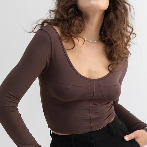 Color-Brown-Retro Top Sexy Sexy Slim Chic U Collar Stitching Long Sleeve T Shirt Women-Fancey Boutique