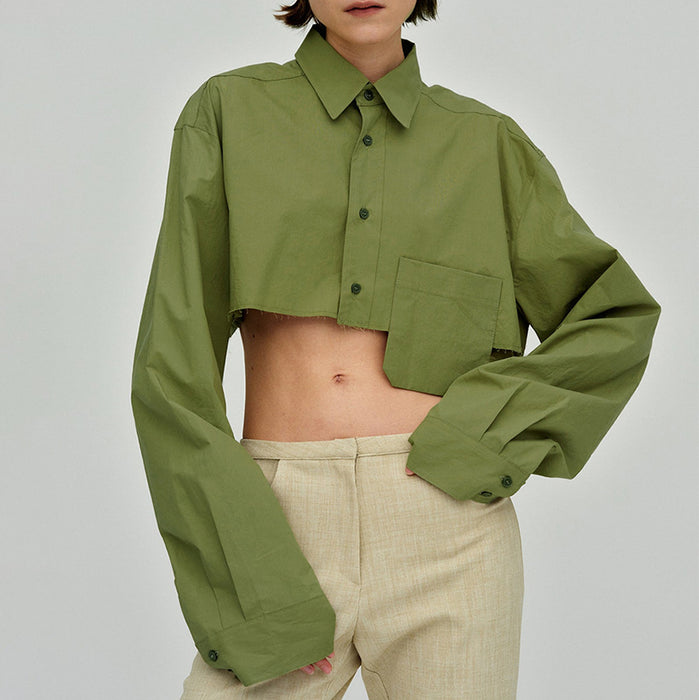 Color-Green-Autumn Cropped Asymmetric Stitching Casual Dignified Sense of Design Short Model in White Color Shirt Women Clothing-Fancey Boutique