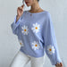 Color-Blue-Loose Batwing Sleeve Sweater Autumn Winter Embroidered Floral College Off Shoulder Sweater-Fancey Boutique