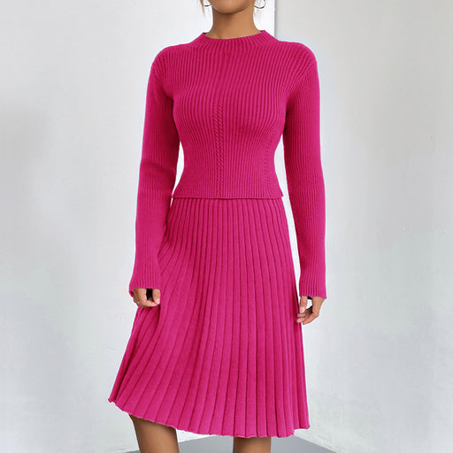 Color-Rose Red-Solid Color A Line Skirt Autumn Winter Knitting Sweater Suit Skirt Slim Fit Twet Skirt-Fancey Boutique