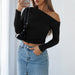 Women Clothing Spring Summer Casual Slim Solid Color Diagonal Collar Pullover Top-Black-Fancey Boutique