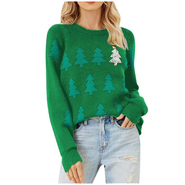 Color-Green-Christmas Tree Jacquard Christmas Sweater Women Casual Pullover Sweater-Fancey Boutique