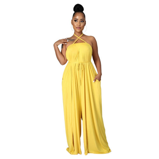 Color-Yellow-Solid Color Summer Sleeveless Waist Wrapped Chest Loose Wide Leg Women Jumpsuit-Fancey Boutique