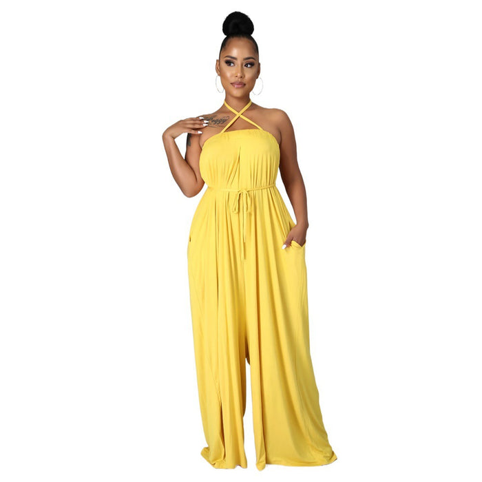 Color-Yellow-Solid Color Summer Sleeveless Waist Wrapped Chest Loose Wide Leg Women Jumpsuit-Fancey Boutique