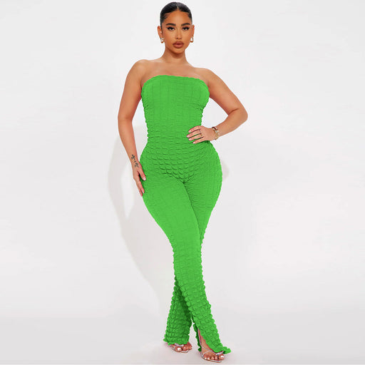 Color-Green-Women Clothing Bubble Grid Tube Top Jumpsuit-Fancey Boutique