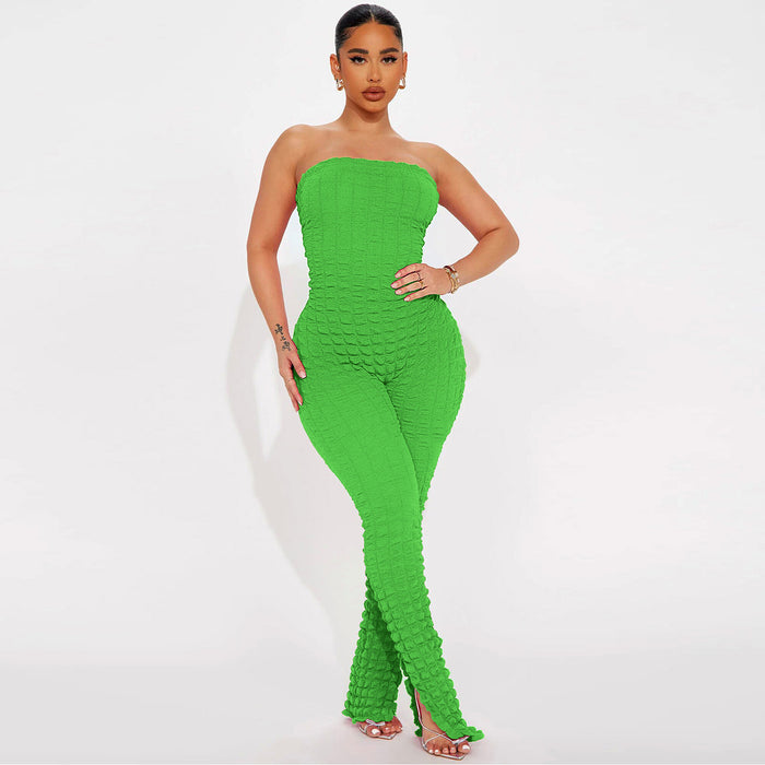 Color-Green-Women Clothing Bubble Grid Tube Top Jumpsuit-Fancey Boutique