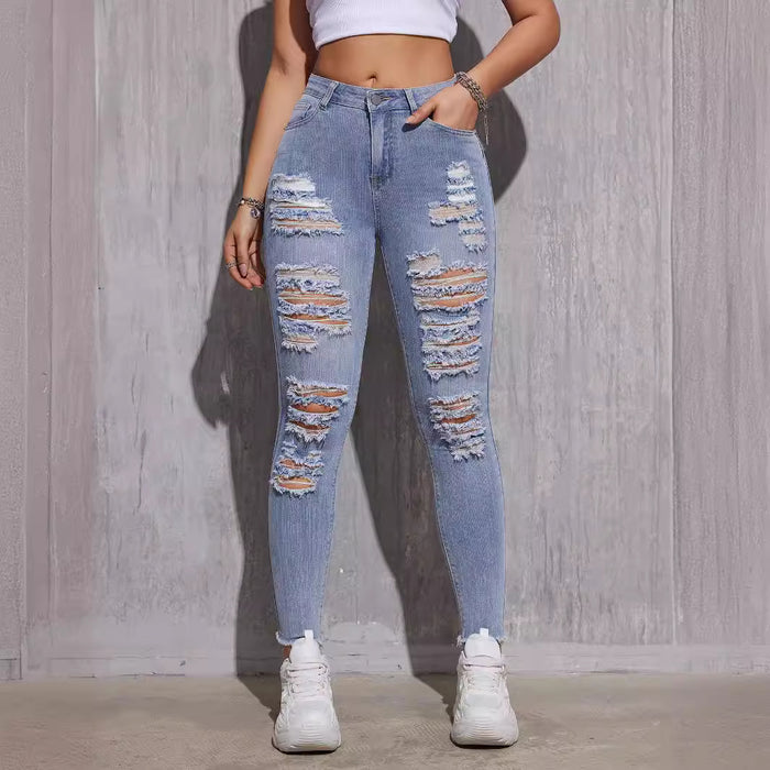 Women Clothes Stretch Ripped Ankle Tied Jeans High Waist Raw Hem-Fancey Boutique