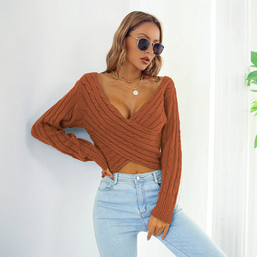 Color-Brown-Women Clothing Autumn Winter Street Criss Cross V neck Twist Long Sleeve Pullover cropped Sweater-Fancey Boutique
