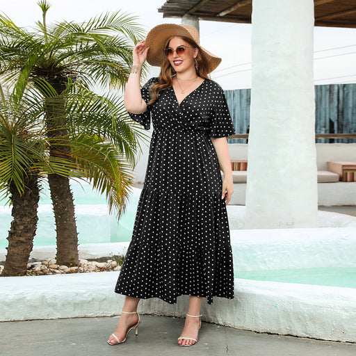 Color-Black-Plus Size Summer Women Clothing Polka Dot Casual Holiday Dress V Neck Elegant Swing Mid Length Dress-Fancey Boutique