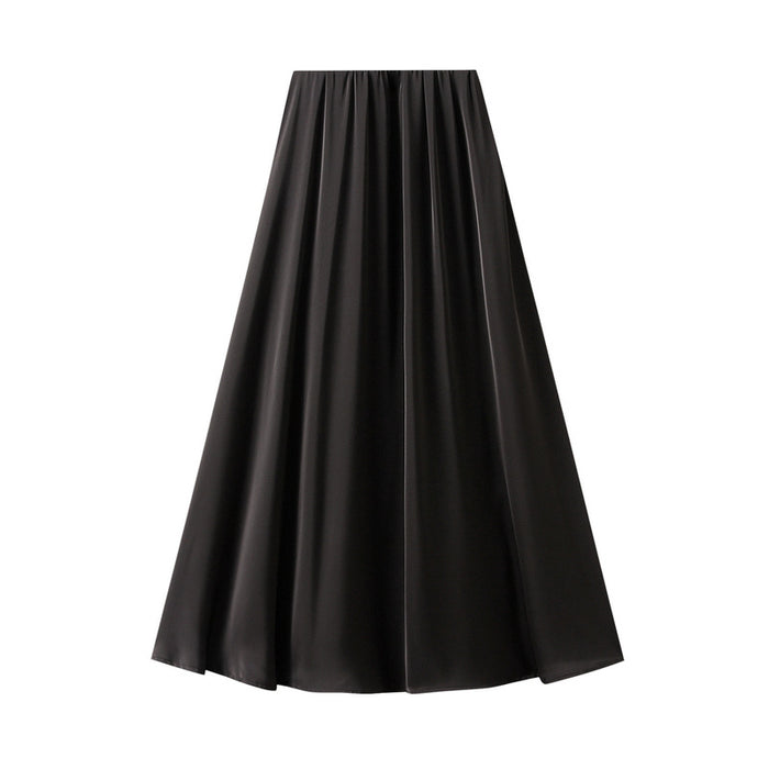 Color-Black-Summer French High Waist Slimming Acetate Satin Drape Mid Length A Line Skirt-Fancey Boutique