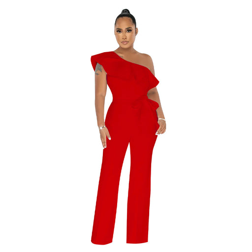 Color-Red-Women Clothing Solid Color Ruffles Jumpsuit Containing Belt-Fancey Boutique