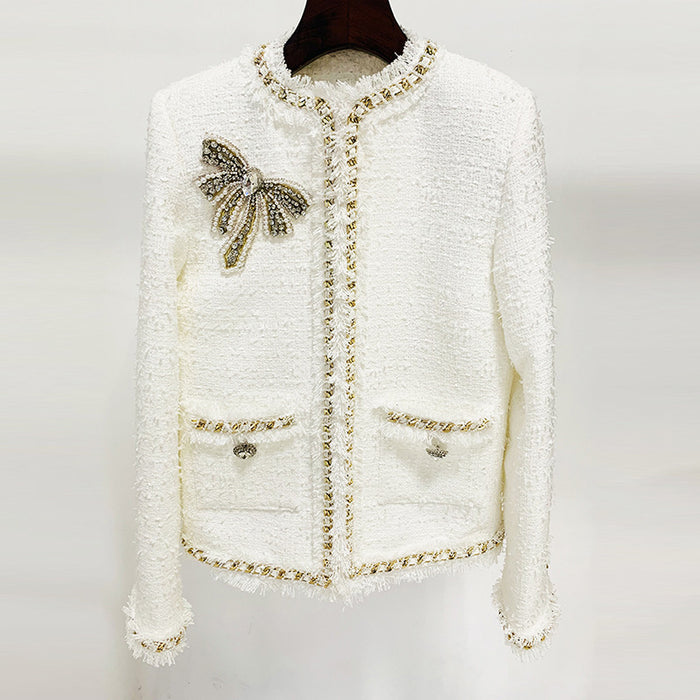 Color-White-Chain Edge Bow Beaded Classic Tweed Jacket Coat-Fancey Boutique