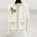 Color-White-Chain Edge Bow Beaded Classic Tweed Jacket Coat-Fancey Boutique