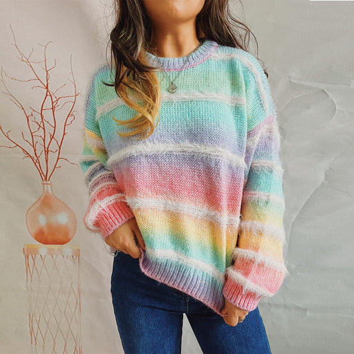Color-Rainbow Colors-Autumn Winter Loose Gradient Color Striped Imitation Marten Knitted Round Neck Long Sleeve Pullover Sweater for Women-Fancey Boutique