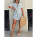 Color-Gray-Summer Shirt Collar Denim Tassel Hem Dress Short Dress-Fancey Boutique