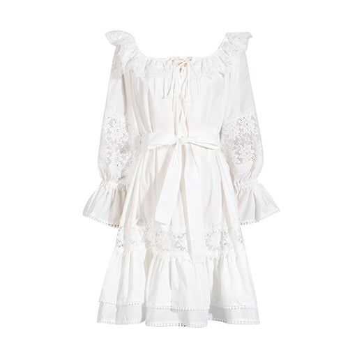 Graceful Fashionable Sweet Summer Off Neck Lace Trim Short Stitching Large Swing Women Dress-White-Fancey Boutique