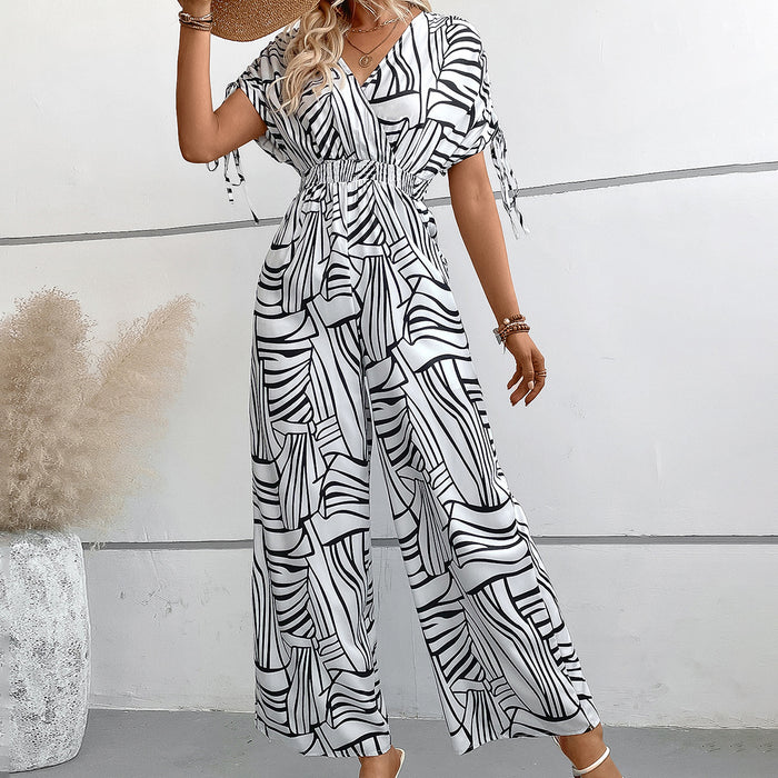 Women Sexy V neck Printed Batwing Sleeve Women Fitted Waist Jumpsuit Women Clothing-Fancey Boutique