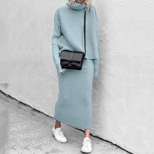 Color-Blue-Autumn Winter Casual Loose Long Skirt Two Piece Wool Suit-Fancey Boutique