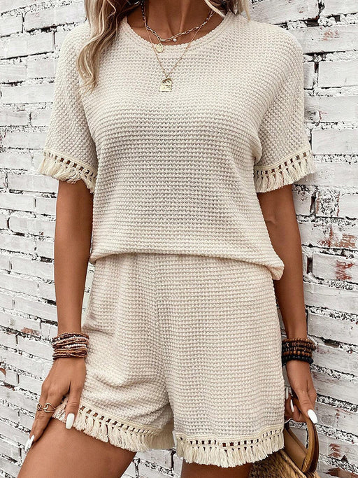 Women Clothing Summer Solid Color Simple Tassel Trim Texture Two Piece Set-Apricot-Fancey Boutique