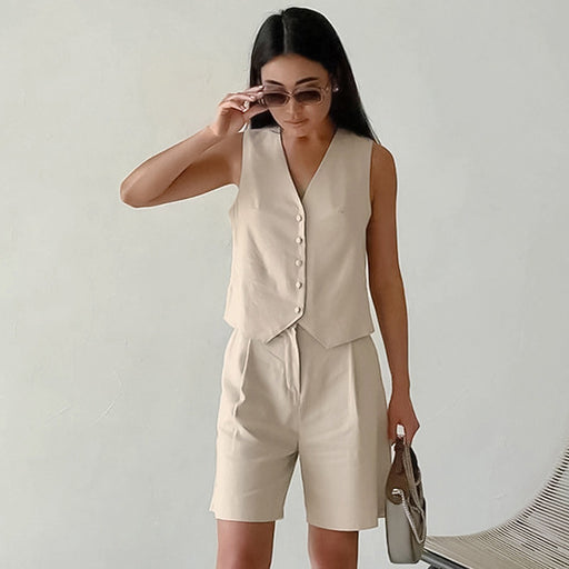 Khaki Cotton Linen Sleeveless Vest Waistcoat Pants Summer Arrival Two Piece Set-Fancey Boutique