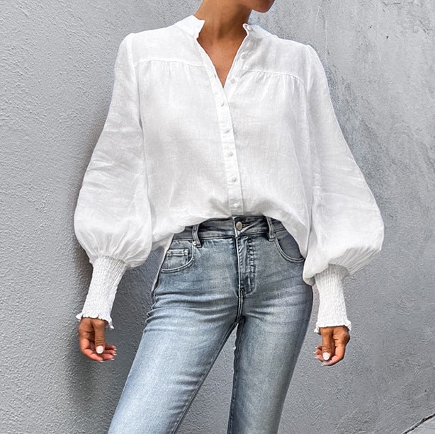 French Small Stand Collar Puff Sleeve Cotton Linen Women Shirt Spring Tops-Fancey Boutique