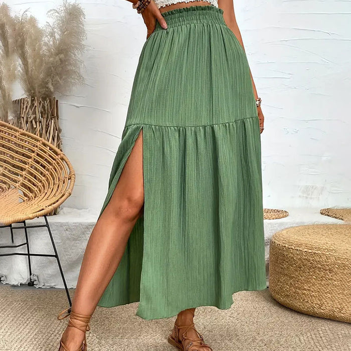 High Slit Ruffled Smocking Waistline Skirt Spring Summer High Grade Long Skirt for Women-Green-Fancey Boutique