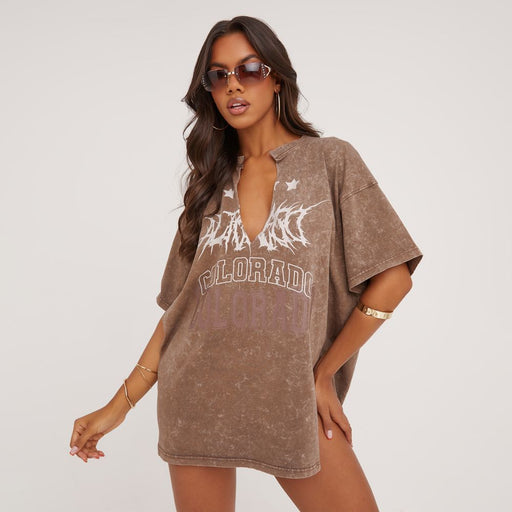 Sexy Deep V Plunge Sexy Worn Looking Washed out Casual Short Sleeve Loose Letter Graphic Print Slit Hemline at Hem Mid Length T shirt-Fancey Boutique