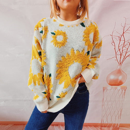 Color-Yellow-Autumn Winter Top Sunflower Jacquard round Neck Long Sleeve Knitted Pullover Sweater Women-Fancey Boutique