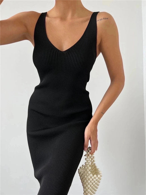 Sleeveless Knitted Mid Length Tight Summer V neck Split Elegant Dress for Women-Black-Fancey Boutique