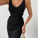 Sleeveless Knitted Mid Length Tight Summer V neck Split Elegant Dress for Women-Black-Fancey Boutique