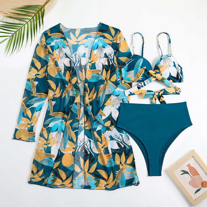 Color-Blue-Bikini Three Piece Suit Mesh Floral Print Beach Swimsuit Split Swimsuit Women Beach Cover Up Crisscross-Fancey Boutique