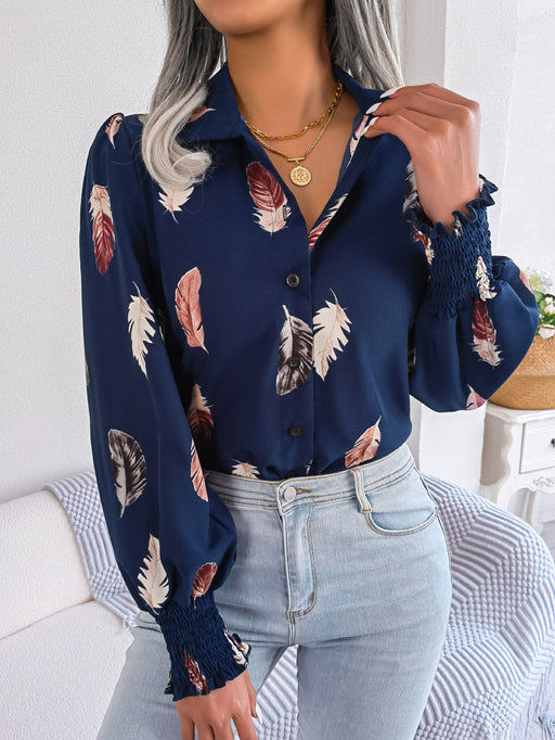 Color-Blue-Spring Summer Elegant Feather Lantern Sleeve Collared Shirt Women Clothing-Fancey Boutique