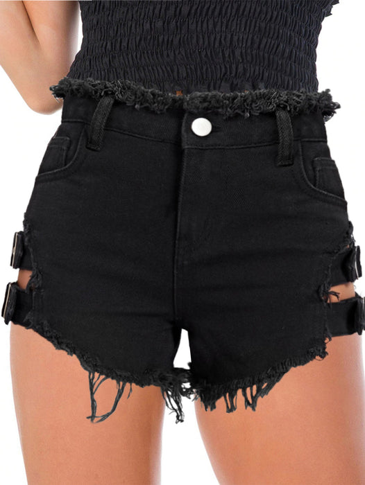 Color-Black-Jeans High Waist Street Ripped Hollow Out Cutout Girls Jeans Shorts-Fancey Boutique