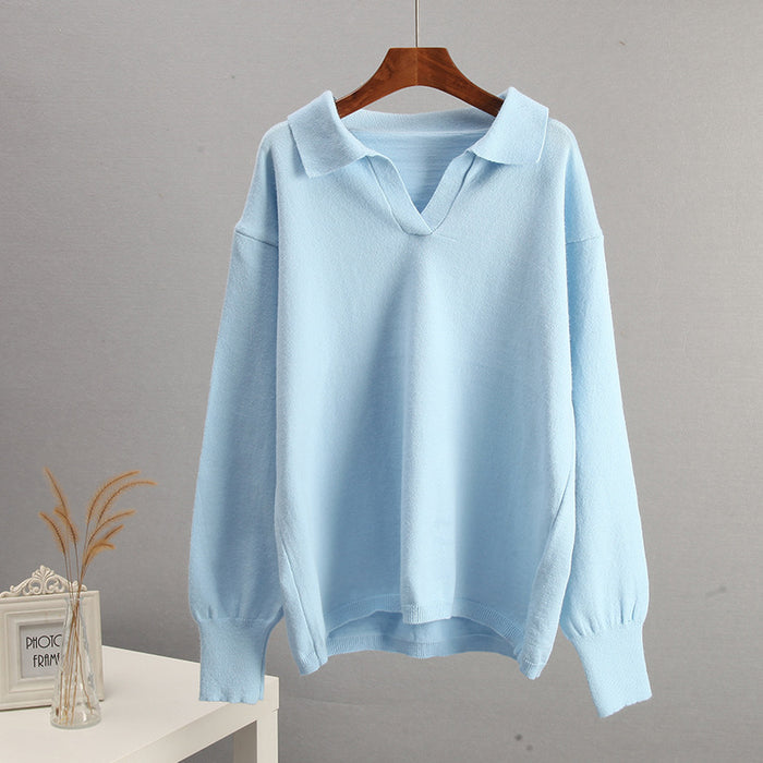 Autumn Winter Polo Collar Knitted Women Sweater Women-Light Blue Top-Fancey Boutique