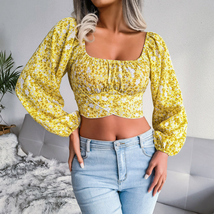 Color-Yellow-Lantern Sleeve Bow Floral Chiffon Shirt Vacation Cropped Top Women Clothing-Fancey Boutique