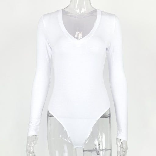 Color-White-Autumn Winter Bottoming Shirt Tight Sexy Women Clothing Modal Long Sleeve V-neck Bodysuit-Fancey Boutique
