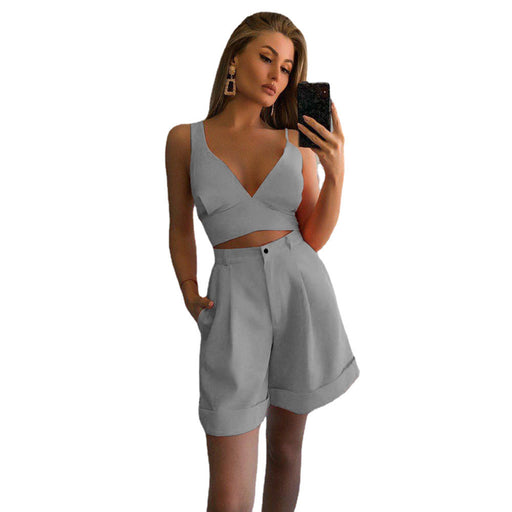 Color-Gray-Spring Summer Women Solid Color Two Piece Tube Top High Waist Shorts Sets-Fancey Boutique