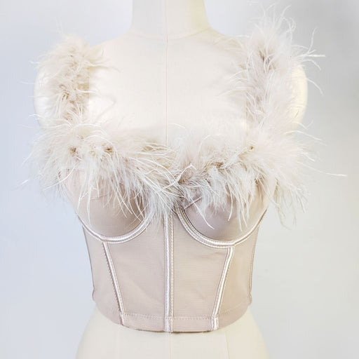 Color-Apricot-Live Broadcast High Grade Ostrich Fur Super Fairy Boning Corset Tube Top Shaping Drawstring Slim Fit Bare Back Feather Sling-Fancey Boutique